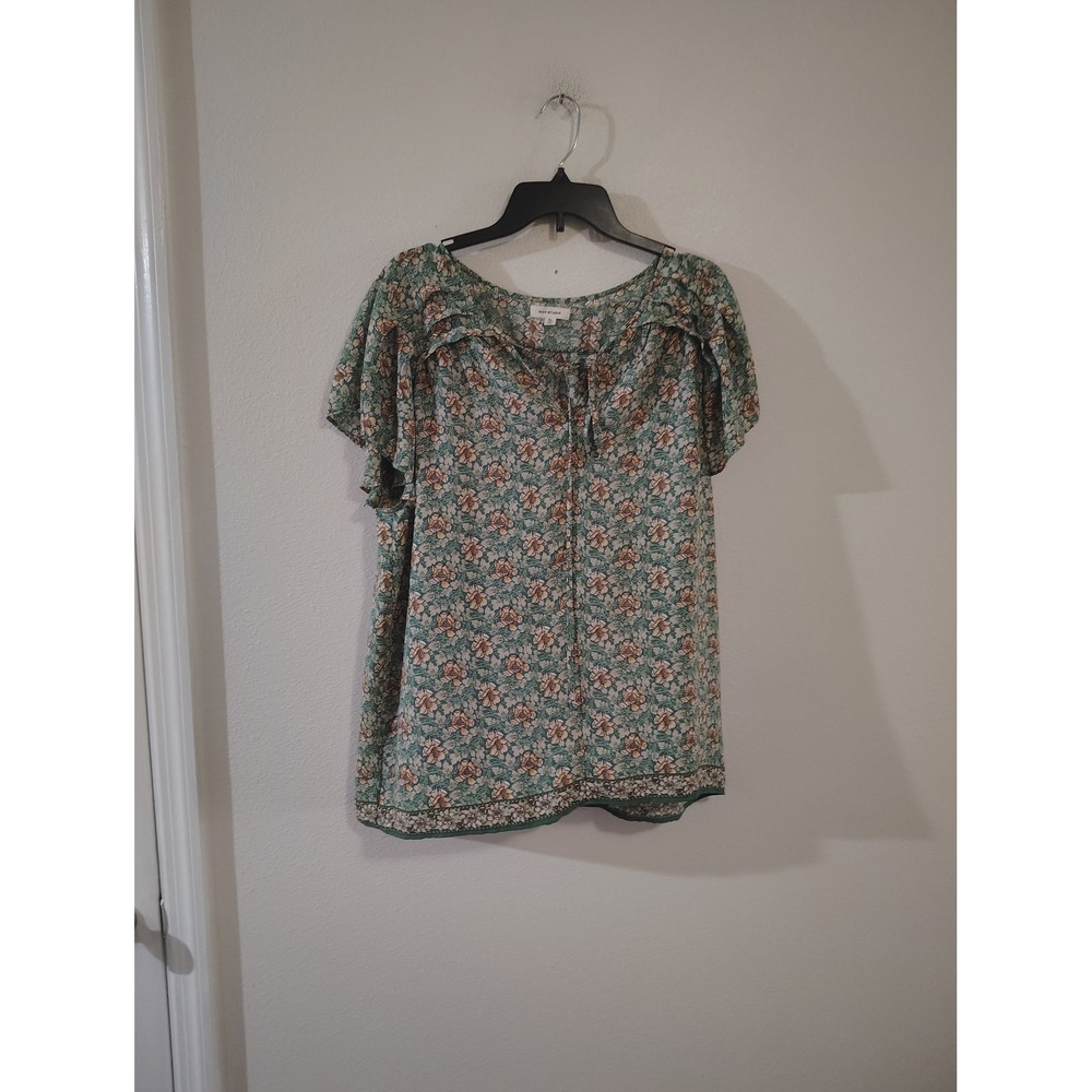 Max Studio Womens XL Green Floral Ruffle Tie Neck Flutter Sleeve Blouse Top